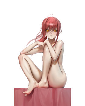 absurdres completely_nude covering_crotch covering_privates feet highres looking_at_viewer makima_(chainsaw_man) mawaw nude red_hair sitting white_background yellow_eyes
