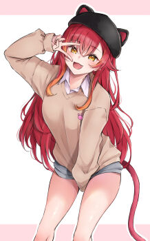 Rule 34 | 1girl, absurdres, animal ear headwear, black hat, blush, brown sweater, collared shirt, commentary, fake animal ears, fang, gradient hair, grey shorts, hat, highres, kuwakuma, long hair, looking at viewer, multicolored hair, nekota tsuna, open mouth, orange eyes, orange hair, paw print, pink background, red hair, red tail, shirt, short shorts, shorts, solo, standing, sweater, v, v over eye, virtual youtuber, vspo!, white background, white shirt