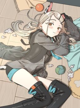 1girl :3 animal_ears aqua_necktie aqua_shorts black_boots black_shorts black_vest blanket blonde_hair blush_stickers boots closed_mouth colored_eyelashes commentary_request dog_ears dog_tail earrings feet_out_of_frame from_above gakuen_idolmaster grey_jacket grey_shirt hair_ornament hair_spread_out hairclip idolmaster jacket jewelry knee_boots long_hair long_sleeves looking_at_viewer lying necktie on_floor on_side open_clothes open_vest orange_eyes parallel_hairclips parted_bangs shinosawa_hiro shirt shorts sks_(s3_rosquilla) solo striped_clothes striped_shirt stud_earrings tail two-tone_shorts unworn_jacket vest yarn