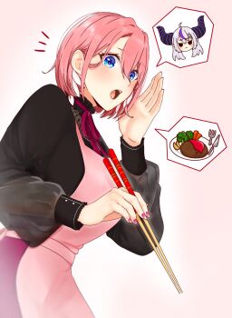 2girls alternate_costume apron black_shirt blue_eyes breasts calling chopsticks commentary_request cowboy_shot fingernails hair_between_eyes hand_up highres holding holding_chopsticks hololive la+_darknesss long_sleeves looking_at_viewer medium_breasts multiple_girls nail_polish notice_lines open_mouth pink_apron pink_hair pink_nails ringo_21_a shirt short_hair solo_focus spoken_character spoken_food takane_lui virtual_youtuber