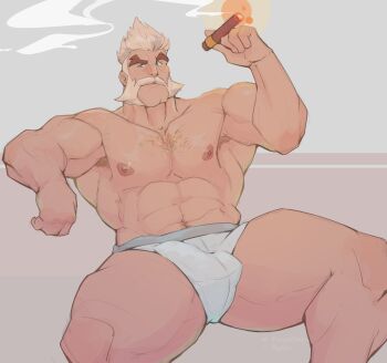 1boy abs alex_taylor arm_hair armpit_hair armpit_hair_peek armpit_peek bara blue_eyes boxer_briefs bulge captain_laserhawk:_a_blood_dragon_remix chest_hair cigarette covered_penis erection erection_under_clothes facial_hair feet_out_of_frame forked_eyebrows grey_hair hand_up highres holding holding_cigarette huge_eyebrows invisible_chair large_pectorals looking_to_the_side male_focus male_underwear mature_male muscular muscular_male mustache mutton_chops navel navel_hair nipples old old_man pectorals raised_eyebrow ryder_(fares0teb) sanpaku short_hair sitting smoke solo sparse_chest_hair spiked_hair spread_legs stomach strongman_waist thick_eyebrows thick_mustache thick_thighs thighs topless_male underwear white_male_underwear wrinkled_skin