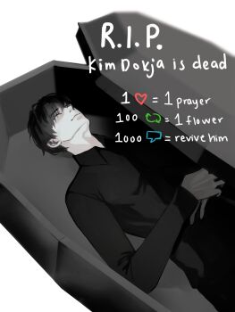 1boy absurdres black_hair black_shirt coffin collared_shirt english_text hands_on_own_stomach highres kim_dokja like_and_retweet lying male_focus omniscient_reader&#039;s_viewpoint on_back shirt short_hair solo upper_body yiyuehua