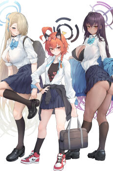 3girls absurdres adjusting_clothes adjusting_footwear ahoge air_jordan animal_ears ass asuna_(blue_archive) asuna_(school_uniform)_(blue_archive) bag black_bra black_choker black_hair black_halo black_panties black_shoes black_socks blonde_hair blue_archive blue_bow blue_bowtie blue_eyes blue_halo blue_scrunchie blue_sweater bow bowtie bra bracelet breasts button_gap cat_ears choker dark-skinned_female dark_skin fake_animal_ears floral_print from_behind full_body ggz_(gguzal_95) hair_over_one_eye halo hand_on_own_hip highres huge_ahoge jewelry karin_(blue_archive) karin_(school_uniform)_(blue_archive) large_breasts loafers long_hair looking_back multiple_girls neru_(blue_archive) neru_(school_uniform)_(blue_archive) open_clothes open_shirt panties pleated_skirt purple_hair purple_halo red_eyes school_bag school_uniform scrunchie serafuku shirt shoes short_hair shoulder_bag simple_background skirt socks standing standing_on_one_leg sweater undershirt underwear very_long_hair white_background white_shirt wrist_scrunchie yellow_eyes