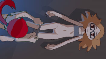 2girls absurdres barefoot black_eyes blonde_hair bottomless bra cleft_of_venus closed_mouth expressionless flat_chest freckles glasses grey-framed_eyewear highres hotelblue loli lying madeline_(hotelblue) multiple_girls navel on_back on_ground original panties panty_pull ponytail pulling_another&#039;s_clothes pussy r.h. red_hair topless_female training_bra underwear undressing_another yuri