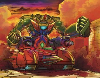 Rule 34 | armor, blue armor, caterpillar tracks, city, clenched hands, cloud, cloudy sky, commentary request, drill, getter gai, getter robo, getter robo go, green armor, highres, mecha, multicolored armor, orange sky, outdoors, red armor, robot, sky, super robot, yamanushi