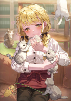 Rule 34 | 1girl, :3, absurdres, animal, baby animal, baby bottle, blonde hair, blush, bottle, braid, breast pocket, brown pants, cat, cat teaser, closed mouth, commentary request, dress shirt, facing viewer, feeding, fujita kotone, gakuen idolmaster, heart, highres, holding, holding animal, holding bottle, holding cat, idolmaster, indoors, kitten, long hair, long sleeves, pants, pocket, shirt, sitting, solo, too many, too many cats, twin braids, wari sando, white shirt, yellow eyes