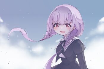 Rule 34 | 1girl, assault lily, black jacket, black skirt, braid, cloud, commentary request, hitotsuyanagi yuri, jacket, kaya (kaiana), long hair, long sleeves, looking at viewer, open mouth, outdoors, purple eyes, purple hair, school uniform, shirt, skirt, solo, twin braids, upper body, white shirt