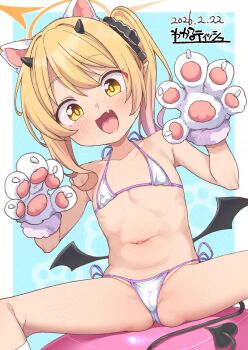 1girl :d adversarial_noise animal_ear_hairband animal_ears artist_name ball bikini black_horns black_ribbon black_tail blonde_hair blue_archive blue_background blush border cat_ears collarbone dated demon_girl demon_horns demon_tail exercise_ball fake_animal_ears fang flat_chest gloves hair_ribbon hairband halo hands_up highres horns ibuki_(blue_archive) kanabun loli looking_at_viewer micro_bikini navel open_mouth orange_halo paw_gloves paw_pose paw_print paw_print_background pointy_ears ribbon side-tie_bikini_bottom side_ponytail sitting sitting_on_object skin_fang smile solo spread_legs swimsuit tail variant_set white_border white_gloves white_hairband yellow_eyes yoga_ball
