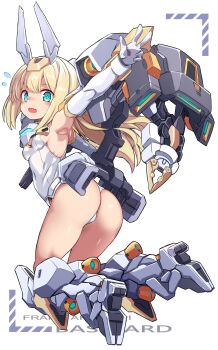 1girl armpits ass baselard blonde_hair blue_eyes breasts character_name commentary_request covered_navel elbow_gloves flying_sweatdrops frame_arms_girl full_body gloves headgear highres karukan_(monjya) leotard long_hair looking_at_viewer mecha_musume mechanical_legs open_mouth outstretched_arm revision small_breasts solo strapless strapless_leotard w white_gloves white_leotard white_wrist_cuffs wrist_cuffs