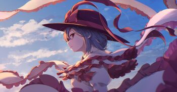 1girl absurdres black_hat blue_hair blue_sky bow capelet cloud commentary day frilled_capelet frilled_shawl frills hagoromo hat hat_bow highres looking_at_viewer medium_hair nagae_iku red_bow red_eyes shawl shirt sky solo tami_(joemanyodw) touhou white_shawl white_shirt