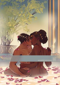2girls arcane:_league_of_legends bath bathhouse bathing black_hair blush breasts brown_hair chimchiri cigar closed_eyes commentary completely_nude dark-skinned_female dark_skin dreadlocks english_commentary glitter glitter_makeup gold_tattoo grabbing_another's_ass groping guiding_hand hair_up highres hug kiss league_of_legends leaning_on_person long_hair mel_(league_of_legends) multiple_girls muscular muscular_female nipples nude same-sex_bathing sevika_(arcane) sex shared_bathing short_hair very_dark_skin water wet wet_hair yuri