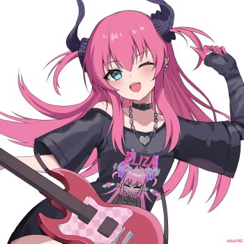 1girl absurdres black_shirt blue_eyes blush breasts choker curled_horns dragon_horns earrings electric_guitar elizabeth_bathory_(fate) elizabeth_bathory_(perfect)_(fate) elizabeth_bathory_(perfect)_(first_ascension)_(fate) fate/grand_order fate_(series) guitar hair_ribbon highres horns instrument jewelry long_hair looking_at_viewer nagine off_shoulder open_mouth pink_hair pointy_ears ribbon shirt short_sleeves small_breasts smile solo two_side_up