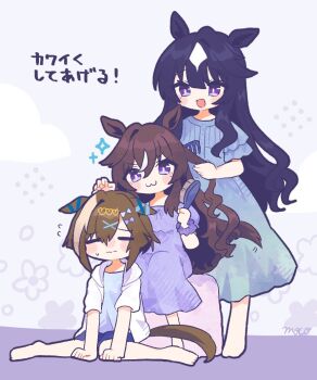 3girls :3 alternate_costume animal_ears artist_request blue_eyes blush brown_hair brushing_another&#039;s_hair brushing_hair cheval_grand_(umamusume) closed_eyes comb commentary_request ear_ornament hair_between_eyes hair_brush hand_in_another&#039;s_hair holding holding_another&#039;s_hair holding_brush holding_comb holding_hair_brush horse_ears horse_girl horse_tail long_hair multicolored_hair multiple_girls open_mouth purple_eyes short_hair sitting smile standing streaked_hair tail translation_request umamusume v_sisters verxina_(umamusume) vivlos_(umamusume) wavy_hair white_hair