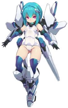 1girl black_choker blue_gloves blue_hair blue_thighhighs breasts cameltoe character_request choker commentary_request copyright_request covered_navel elbow_gloves full_body gloves gluteal_fold hair_intakes headgear highleg highleg_one-piece_swimsuit highres karukan_(monjya) looking_at_viewer mecha_musume mechanical_hands mechanical_legs medium_hair one-piece_swimsuit parted_lips pink_eyes simple_background small_breasts solo standing swimsuit thighhighs white_background white_one-piece_swimsuit white_wrist_cuffs wrist_cuffs