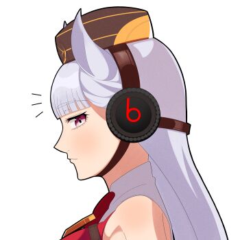 1girl absurdres animal_ears beats_by_dr._dre blunt_bangs commentary from_side gold_ship_(umamusume) grey_hair highres horse_ears horse_girl long_hair looking_at_viewer looking_to_the_side pillbox_hat product_placement purple_eyes sideways_glance simple_background solo tomiosan umamusume upper_body white_background