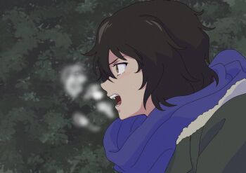 1girl andou_(girls_und_panzer) black_hair blue_scarf breath brown_eyes coat dark-skinned_female dark_skin from_side fur-trimmed_coat fur_trim girls_und_panzer highres messy_hair mito_(mitotank) open_mouth scarf scene_reference screaming solo teeth upper_body
