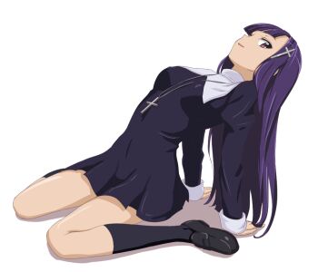 1girl black_dress black_shoes black_socks covered_erect_nipples cross cross_hair_ornament cross_necklace dress female_focus full_body hair_ornament jewelry kannagi kneehighs leaning_back loafers long_hair long_sleeves looking_at_viewer necklace purple_eyes purple_hair shoes short_dress simple_background sincos sitting socks solo very_long_hair wariza white_background zange