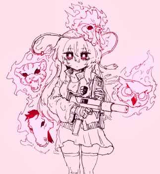 1girl 4others :/ aura badge closed_mouth comedy_and_tragedy_masks cosplay cowboy_shot don_juan_(hotline_miami) double-parted_bangs expressionless flaming_head gun hair_between_eyes hata_no_kokoro highres holding holding_gun holding_weapon hotline_miami jacket jacket_(hotline_miami) jacket_(hotline_miami)_(cosplay) lineart long_hair long_sleeves mask mask_on_head multiple_others object_request pink_background pink_eyes pleated_skirt rampa93 rasmus_(hotline_miami) richard_(hotline_miami) shirt shotgun simple_background skirt thighhighs tony_(hotline_miami) touhou trait_connection weapon zettai_ryouiki