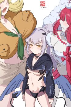 3girls baobhan_sith_(fate) baobhan_sith_(swimsuit_pretender)_(first_ascension)_(fate) barghest_(fate) barghest_(swimsuit_archer)_(first_ascension)_(fate) bikini black_bikini black_shrug blonde_hair blush breasts brown_shirt cernunnos_(fate) character_hood faerie_knights_(fate) fate/grand_order fate_(series) highres huge_breasts large_breasts low_wings melusine_(fate) melusine_(swimsuit_ruler)_(fate) melusine_(swimsuit_ruler)_(first_ascension)_(fate) multiple_girls navel open_mouth pink_hair ponytail sharp_teeth shirt shorts shrug_(clothing) small_breasts smile swimsuit teeth tetsu_no_samurai white_hair wings yellow_eyes