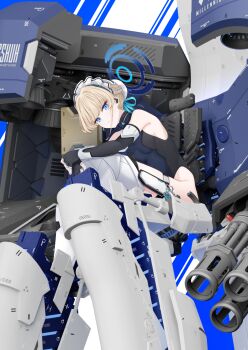 black_gloves blonde_hair blue_archive blue_eyes blue_halo blue_leotard braid bun_cover earpiece elbow_gloves exoskeleton expressionless externally_piloted_mecha fingerless_gloves gloves hair_bun half_up_braid halo halter_leotard halterneck heattech_leotard highres leotard maid_headdress mecha mecha_pilot_suit multicolored_leotard robot sarasadou_dan sleeveless sleeveless_turtleneck toki_(abi-eshuh)_(blue_archive) toki_(blue_archive) turtleneck two-tone_leotard