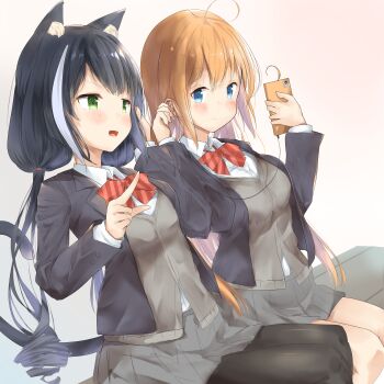 absurdres animal_ears black_hair blazer blue_eyes blush bow bowtie breasts cat_ears cat_tail cellphone collared_shirt green_eyes grey_skirt highres jacket karyl_(princess_connect!) leggings long_hair medium_breasts nagisa_(imizogami) open_clothes open_mouth pecorine_(princess_connect!) phone pleated_skirt princess_connect! red_bow red_bowtie school_uniform shirt sitting skirt smartphone smile tail twintails very_long_hair white_background white_hair white_shirt