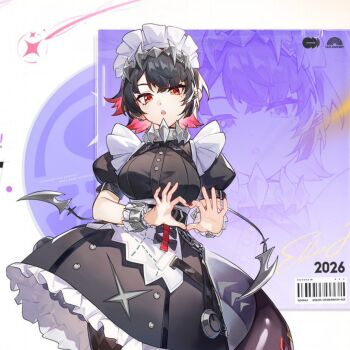 1girl apron black_pantyhose ellen_joe fish_tail heart heart_hands maid_apron maid_hairdress official_art pantyhose second-party_source shark_tail short_hair tail zenless_zone_zero