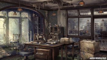 abandoned analog_clock arched_window armchair bookshelf box bungou_to_alchemist cabinet cardboard_box chair clock copyright_notice desk door file_cabinet glass_door grass hanging_light indoors library no_humans notebook office official_art overgrown paper pen_holder plant ruins scenery sunlight swivel_chair transom_window vines wallpaper_(object) window wooden_floor