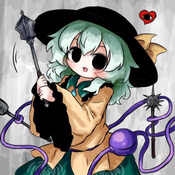 Rule 34 | 1girl, black eyes, black hat, blush, bow, buttons, collared shirt, commentary request, diamond button, empty eyes, eyeball, floral print, frilled shirt collar, frilled sleeves, frills, green hair, green skirt, hat, hat bow, heripantomorrow, holding, holding mace, holding weapon, komeiji koishi, long hair, long sleeves, looking at viewer, mace, open mouth, print skirt, rose print, shirt, skirt, smile, solo, spiked mace, spikes, third eye, touhou, weapon, wide sleeves, yellow bow, yellow shirt