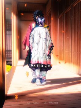 1boy 1girl absurdres black_jacket butterfly_hair_ornament closed_eyes demon_slayer_uniform from_behind full_body hair_ornament hands_up haori high_collar highres jacket japanese_clothes kikkoumon kimetsu_no_yaiba kochou_shinobu long_hair low_ponytail male_focus niku_(ni23ku) ponytail print_haori red_haori sandals spiked_hair standing tomioka_giyuu white_haori