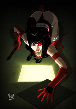 1girl black_hair boots breasts brown_eyes cat crawling facepaint gloves highres kit_(kittic) leotard light light_particles lipstick looking_down makeup night original pale_skin ponytail red_boots red_gloves sash shadow sheath sheathed simple_background smile solo stealth sword thigh_boots thighhighs toned weapon