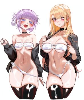 2girls bare_shoulders bikini black_choker black_jacket black_nails black_thighhighs blonde_hair blue_eyes blunt_bangs blush braid braided_hair_rings breasts choker closed_mouth commentary cropped_legs fang foolish_potato hair_rings highleg highleg_bikini highres jacket kitagawa_marin large_breasts long_hair long_sleeves looking_at_viewer medium_breasts multiple_girls nail_polish nanakusa_nazuna_(yofukashi_no_uta) navel off_shoulder open_clothes open_jacket open_mouth pink_eyes purple_hair ringed_eyes season_connection shiny_skin side-tie_bikini_bottom sidelocks simple_background sleeves_pushed_up smile sono_bisque_doll_wa_koi_wo_suru strapless strapless_bikini sweat swimsuit thighhighs very_long_fingernails very_long_hair white_background white_bikini yofukashi_no_uta