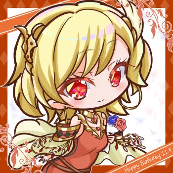 Rule 34 | 1girl, blonde hair, bouquet, brown dress, chibi, citrinne (fire emblem), dated, dress, earrings, fire emblem, fire emblem engage, flower, griffonmask11, hair ornament, happy birthday, highres, holding, holding bouquet, jewelry, looking at viewer, necklace, nintendo, red eyes, smile