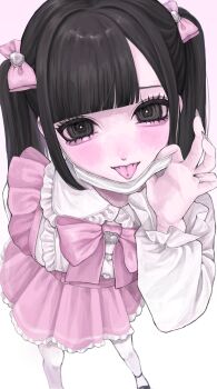 1girl aegyo_sal black_eyes black_hair bow commentary_request fingernails foreshortening frilled_shirt_collar frills hair_between_eyes hair_bow hand_up highres jirai_kei long_hair long_sleeves looking_at_viewer mask motsu_(timotimo451) mouth_mask multiple_hair_bows original parted_bangs piercing pink_bow pink_skirt removing_mask sharp_fingernails shirt simple_background skirt solo standing suspender_skirt suspenders tongue tongue_out tongue_piercing twintails white_background white_shirt