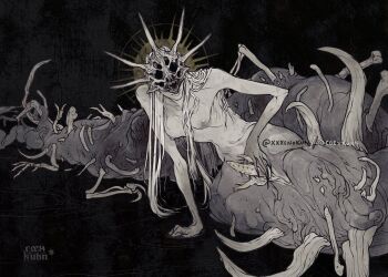 1other aldrich_devourer_of_gods artist_name black_background body_horror bone breasts closed_mouth colored_extremities dark_souls_(series) dark_souls_iii eldritch_abomination extra_eyes extra_penises femboy fingernails grey_skirt halo halo_behind_head hand_on_ground horror_(theme) medium_breasts monster nipples patreon_username penis_on_face pointy_ears sharp_fingernails sharp_teeth simple_background skeleton skirt skull teeth twitter_username uncensored very_long_fingernails xxxenokun