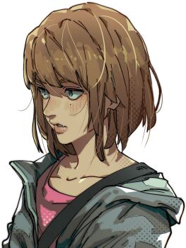 1girl blush brown_hair collarbone highres isaacchief300 life_is_strange_(series) life_is_strange_1 max_caulfield mole mole_under_eye open_mouth pink_shirt portrait shirt short_hair simple_background solo white_background
