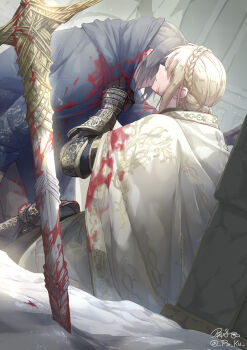 Rule 34 | 2girls, absurdres, armor, artist name, blonde hair, blood, blood on clothes, blood on face, braid, cape, commentary, crown braid, dying, elden ring, elden ring: shadow of the erdtree, english commentary, gauntlets, grey hair, highres, in-universe location, light particles, multiple girls, needle knight leda, pin.s, planted, planted sword, planted weapon, sand, signature, sword, tarnished (elden ring), weapon, white cape