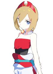 Rule 34 | 1girl, aoi (altea0923), arm behind back, blonde hair, blue eyes, closed mouth, commentary request, creatures (company), game freak, hairband, highres, irida (pokemon), jewelry, neck ring, nintendo, pokemon, pokemon legends: arceus, red hairband, red shirt, sash, shirt, shorts, simple background, solo, strapless, strapless shirt, waist cape, white background, white shorts