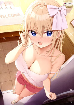 1girl :d absurdres armpit_crease artist_name blonde_hair blue_eyes blush bow breasts camisole cleavage collarbone dengeki_moeoh from_above full_body hair_between_eyes hair_bow highres knees_together_feet_apart large_breasts long_hair looking_at_viewer looking_up magazine_scan midriff navel nekokobushi nervous_smile nervous_sweating nose_blush open_mouth original page_number pink_shorts ribbonko-chan sandals scan short_shorts shorts sidelocks slides smile solo sparkle standing standing_on_one_leg strap_slip sweat third-party_source tucking_hair welcome_mat white_bow white_camisole