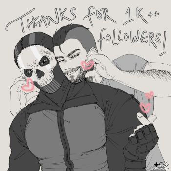 2boys arm_hair bara beard_stubble black_hair call_of_duty call_of_duty:_modern_warfare_2 cheek-to-cheek couple english_text facial_hair finger_heart ghost_(modern_warfare_2) greyscale heads_together heart heart_hands highres large_pectorals male_focus mask mature_male milestone_celebration monochrome multiple_boys muscular muscular_male mustache_stubble one_eye_closed pectorals ser_(s3rrrpentine) short_hair skull_mask smile soap_(modern_warfare_2) spot_color stubble thick_eyebrows undercut upper_body yaoi