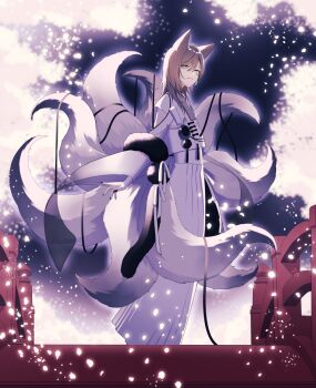 1boy alternate_costume animal_ears black_nails black_sky blurry blurry_background bridge brown_hair commentary_request fox_boy fox_ears fox_tail frown full_body green_eyes hakama hakama_pants highres japanese_clothes kanae_(nijisanji) kariginu kemonomimi_mode long_sleeves looking_at_viewer male_focus multiple_tails nail_polish nana72710193 night night_sky nijisanji pants petals short_hair sky solo tail tree virtual_youtuber