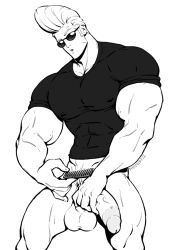 Rule 34 | 1boy, abs, bara, bottomless, comb, covered nipples, cowboy shot, greyscale, half-erect, holding, holding comb, johnny bravo, johnny bravo (series), large pectorals, large penis, male focus, male pubic hair, mature male, monochrome, muscular, muscular male, pectorals, penis, pompadour, pubic hair, raised eyebrow, schizoid, shirt, sideburns, simple background, solo, sunglasses, testicles, tight clothes, tight shirt, uncensored