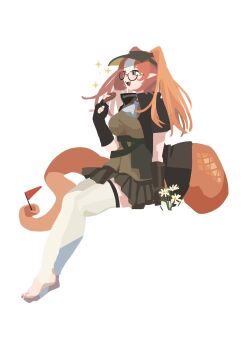 1girl arknights barefoot black_gloves breasts commentary cookie fingerless_gloves flag flower food glasses gloves highres holding holding_cookie holding_food holding_with_tail jacket large_breasts long_hair multicolored_hair open_mouth orange_eyes orange_hair pointy_ears prehensile_tail reptile_girl simple_background skirt smile snake_tail solo sparkle stirrup_legwear tail thighhighs toeless_legwear visor_cap white_background white_flower white_hair white_thighhighs wulfenite_(arknights) yuec zettai_ryouiki