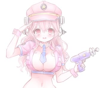 Rule 34 | 1girl, blush, breasts, cleavage, commentary, headphones, highres, large breasts, long hair, looking at viewer, mipi (u3u 00), navel, nitroplus, open mouth, pink eyes, pink hair, red eyes, smile, solo, super sonico