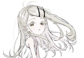 1girl camisole colored_eyelashes commentary dai_nui_nui earrings floating_hair from_side gakuen_idolmaster grey_hair hair_ornament hairclip highres idolmaster jewelry long_hair looking_at_viewer orange_eyes parallel_hairclips parted_lips shinosawa_hiro simple_background solo stud_earrings symbol-only_commentary upper_body white_background white_camisole