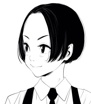 1other androgynous commentary_request forehead highres lee_(dragon_garou) looking_to_the_side monochrome necktie original other_focus portrait short_hair smile solo suspenders