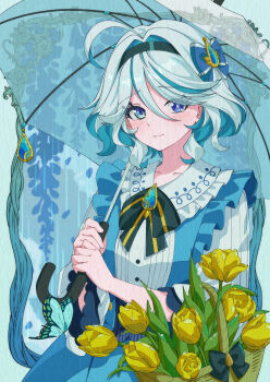 1girl absurdres ahoge alternate_costume black_bow blue_bow blue_butterfly blue_dress blue_eyes blue_gemstone blue_pupils blue_umbrella bow bug butterfly chinese_commentary closed_mouth commentary_request dress drop-shaped_pupils flower furina_(genshin_impact) gem genshin_impact hair_between_eyes hair_bow hands_up heterochromia highres holding holding_umbrella insect light_smile looking_at_viewer medium_hair ruogong_qingyue solo symbol-shaped_pupils teardrop-shaped_gem umbrella white_hair yellow_flower