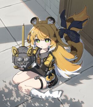1girl animal_ear_fluff animal_ears black_gloves black_shirt black_shorts blonde_hair blue_bow blush bow closed_mouth collared_shirt cropped_jacket elbow_gloves fingerless_gloves gloves green_eyes highres hu_wei_(zenless_zone_zero) jacket ju_fufu long_hair looking_at_viewer multicolored_hair o-ring o-ring_thigh_strap onmrail52 shirt shorts socks solo tail tail_bow tail_ornament thigh_strap tiger_ears tiger_girl tiger_tail two-tone_hair white_hair white_socks yellow_jacket zenless_zone_zero