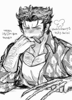 1boy arm_hair bara bluesky_username bone chest_hair cigar claws clenched_hand dishing facial_hair greyscale head_rest large_pectorals looking_at_viewer male_focus marvel monochrome mouth_hold muscular muscular_male pectorals short_hair solo teeth translation_request wolverine_(x-men) x-men x-men:_days_of_future_past x-men_film_series