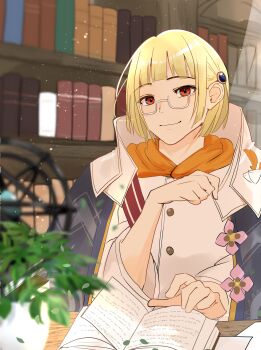 1boy absurdres arthur_(rune_factory) blonde_hair book bookshelf commentary_request glasses highres long_sleeves looking_at_viewer male_focus open_book prince red_eyes rune_factory rune_factory_4 short_hair smile solo yuzu0_0cha