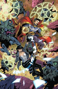 1boy 1girl black_boots black_hair black_hat black_lips black_nails black_pants blue_bodice blue_eyes blue_robe bodice boots breasts cape cleavage colored_sclera commentary crossover dc_comics doctor_strange doctor_strange_(series) english_commentary facial_hair fighting fingerless_gloves fishnet_gloves fishnets floating_card gloves glowing_card green_sclera grey_hair grey_jacket hat highres holding holding_unworn_clothes holding_unworn_hat horns jacket magic_circle makeup marvel mature_male monster multicolored_hair open_mouth pants power_connection purple_pants red_cape robe sash sheep_horns short_hair surprised tongue tongue_out top_hat trait_connection unworn_hat unworn_headwear vasco_georgiev western_comics_(style) white_bodice yellow_boots yellow_sash zatanna_zatara